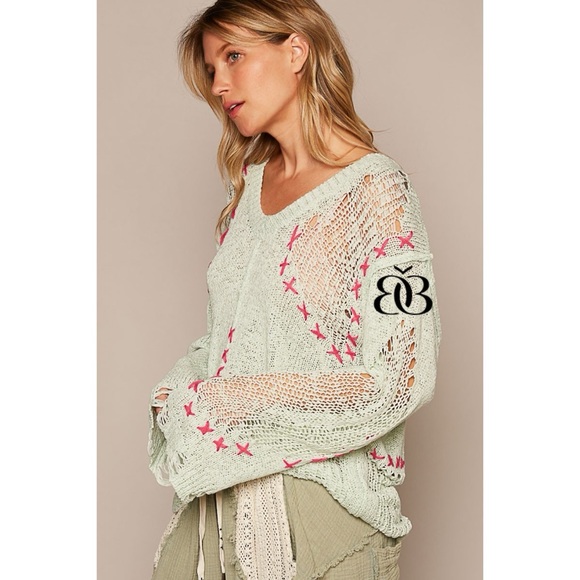 POL Pistachio Green Distressed V Neck Thin Sweater Hot Pink Stitching - Picture 4 of 7